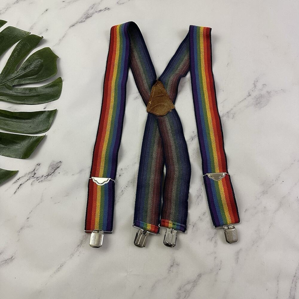 Eddie Bauer Vintage 80s Rainbow Stripe Suspenders One Size Stretchy Colorful